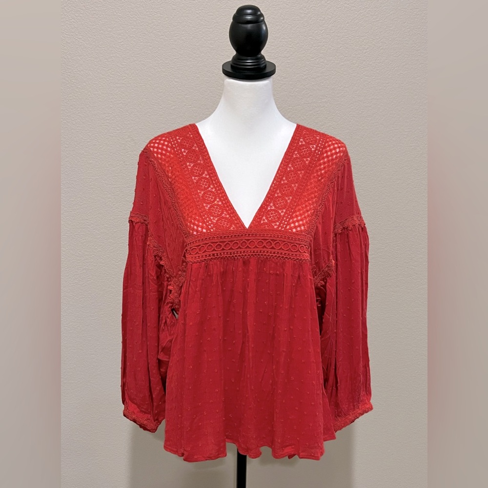 Oddy Red Swiss Dot V-Neck Blouse